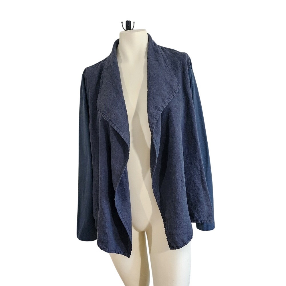FLAX Linen Open Front Jacket Small Blue Waterfall Cardigan Long Sleeve Pockets
